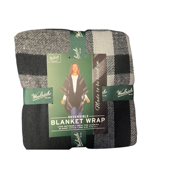 Woolrich Reversible Blanket Wrap Luxe Softness All Black & Gray Plaid - Picture 1 of 1